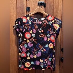 Floral Print Short Sleeve Top - Black with Multicolor Flowers